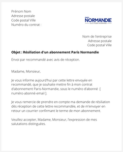 la lettre pour resilier un abonnement paris normandie