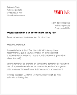 la lettre pour resilier un abonnement vanity fair