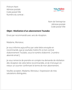 la lettre pour resilier un abonnement souscrit via toutabo