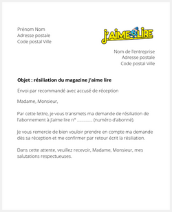 la lettre pour resilier un abonnement jaime lire