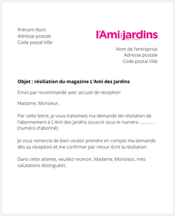 la lettre pour resilier un abonnement lami des jardins