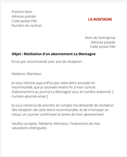 la lettre pour resilier un abonnement la montagne