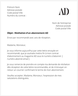 la lettre pour resilier un abonnement au magazine ad