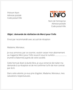 la lettre pour resilier un abonnement merci pour linfo