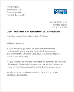 la lettre pour resilier un abonnement la charente libre