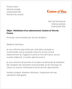 la lettre pour resilier un abonnement cuisine et vins de france