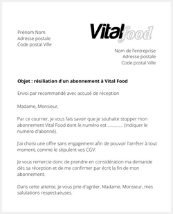 la lettre pour resilier un abonnement vital food