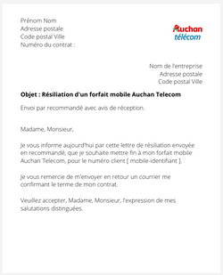 la lettre pour resilier un abonnement mobile auchan telecom