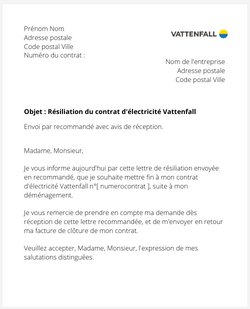 la lettre pour resilier un contrat delectricite vattenfall