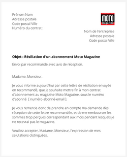 la lettre pour resilier un abonnement moto magazine