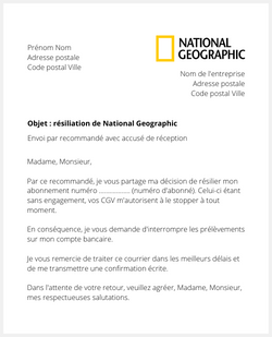 la lettre pour resilier un abonnement national geographic