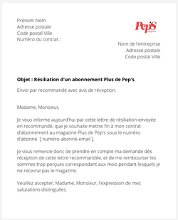 la lettre pour resilier un abonnement plus de peps