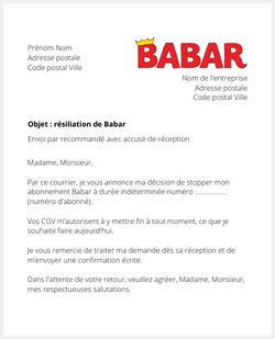 la lettre pour résilier un abonnement babar