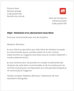 la lettre pour resilier un abonnement auto moto