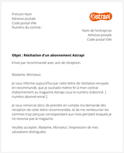 la lettre pour resilier un abonnement astrapi