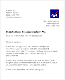 la lettre pour resilier une assurance loisirs axa