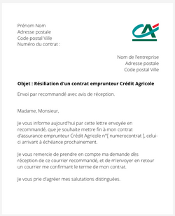 lettre resiliation assurance emprunteur credit agricole