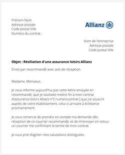 la lettre pour resilier une assurance loisirs allianz