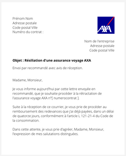 la lettre pour resilier une assurance voyage axa