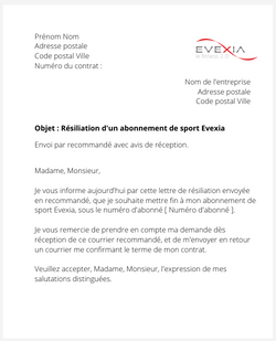 la lettre pour resilier un abonnement de sport evexia