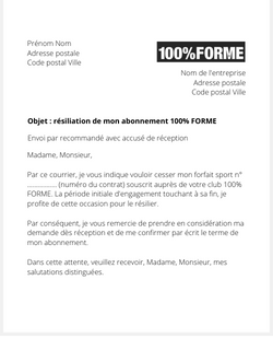 la lettre pour resilier un abonnement de sport 100% forme