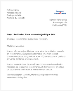 la lettre pour resilier une protection juridique acm