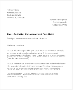 la lettre pour resilier un abonnement paris match