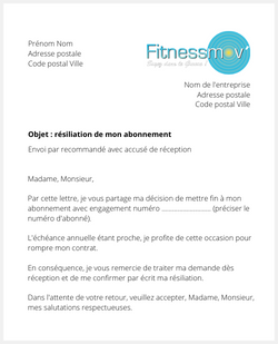 la lettre pour resilier un abonnement de sport fitnessmov