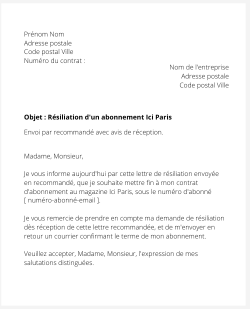 la lettre pour resilier un abonnement ici paris