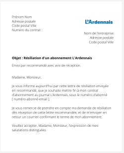 la lettre pour resilier un abonnement lardennais