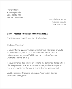 la lettre pour resilier un abonnement tele z