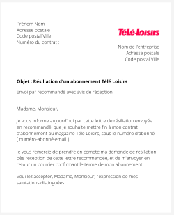 la lettre pour resilier un abonnement tele loisirs