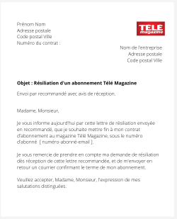 la lettre pour resilier un abonnement tele magazine