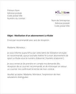 la lettre pour resilier un abonnement de sport le klube