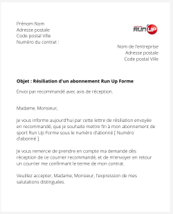 la lettre pour resilier un abonnement de sport run up forme