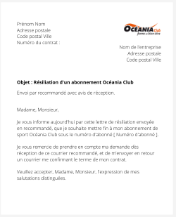 la lettre pour resilier un abonnement oceania club