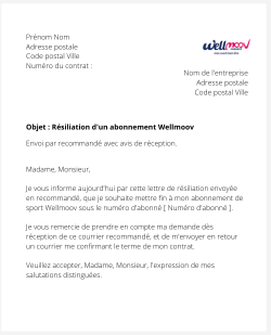 la lettre pour resilier un abonnement wellmoov