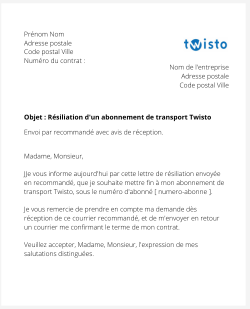 la lettre pour resilier un abonnement de transport twsito