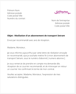 la lettre pour resilier un titre de transport setram