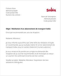 la lettre pour resilier un abonnement solea