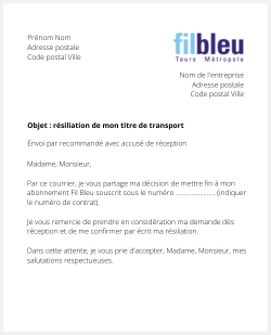 la lettre pour resilier un abonnement fil bleu