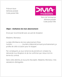 la lettre pour resilier un abonnement de transport divia