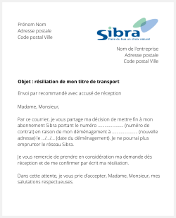 la lettre pour resilier un titre de transport sibra