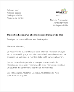 la lettre pour resilier un abonnement de transport le met