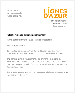 la lettre pour resilier un abonnement lignes dazur