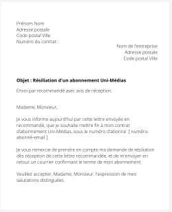 la lettre pour resilier un abonnement uni medias