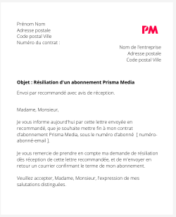 la lettre pour resilier un abonnement prisma media