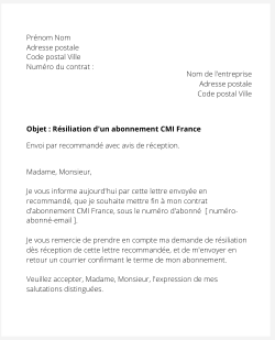 la lettre pour resilier un abonnement cmi france