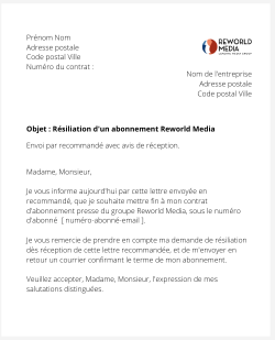 la lettre pour resilier un abonnement reworld media