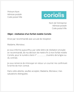 la lettre pour resilier une offre mobile coriolis